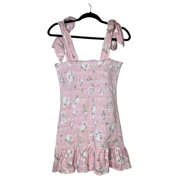 LoveShackFancy Norna Tie Shoulder Ruffle Smocked Floral Mini Dress Ballet Pink M - Picture 3 of 7